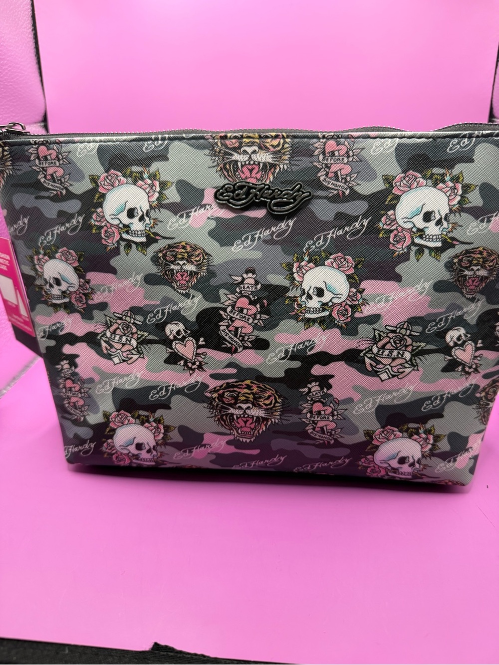 Ed Hardy Pink & Gray Camo Skull Cosmetic Bag